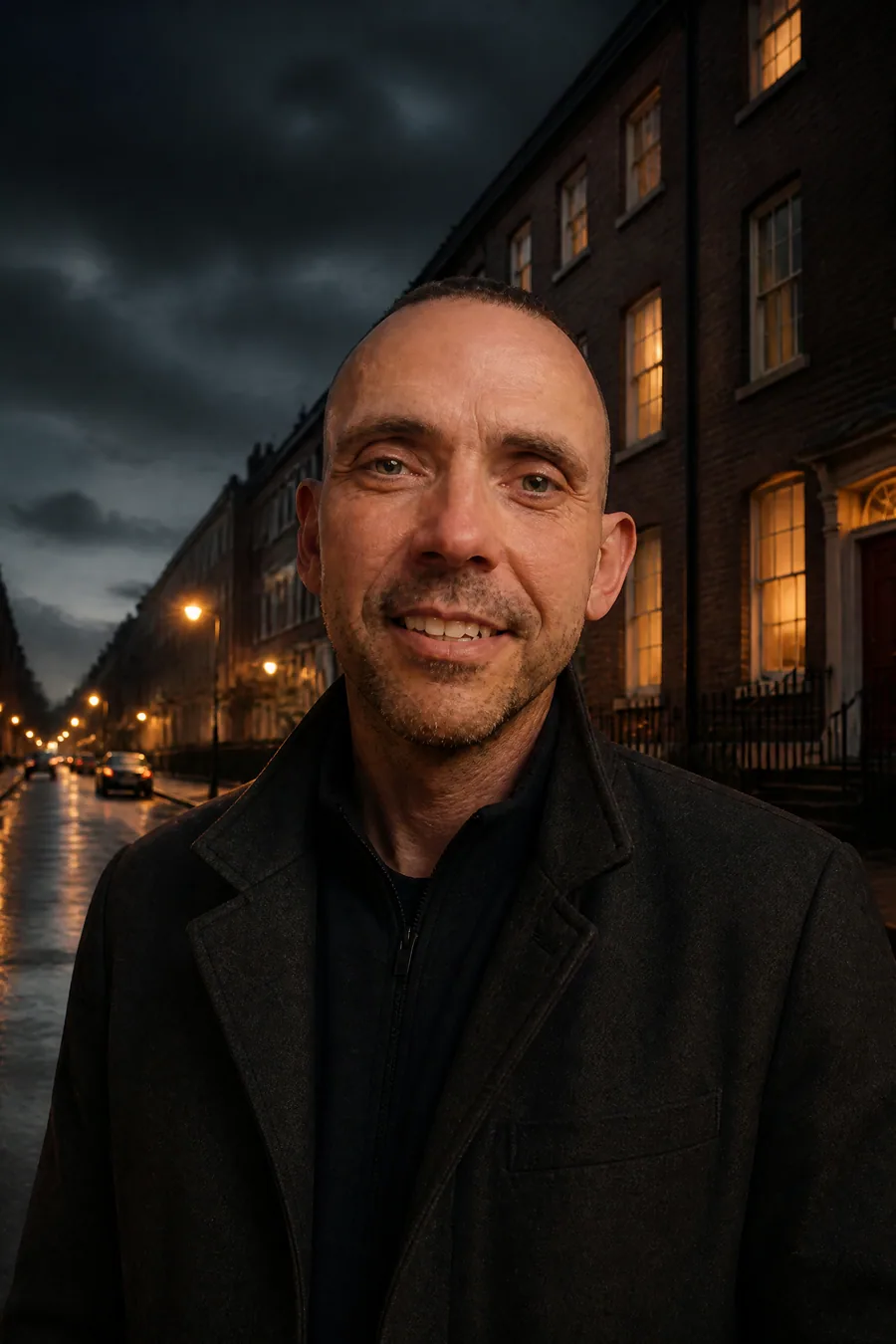 Peter Dooley on a Dublin street at dusk — AI-assisted editorial portrait